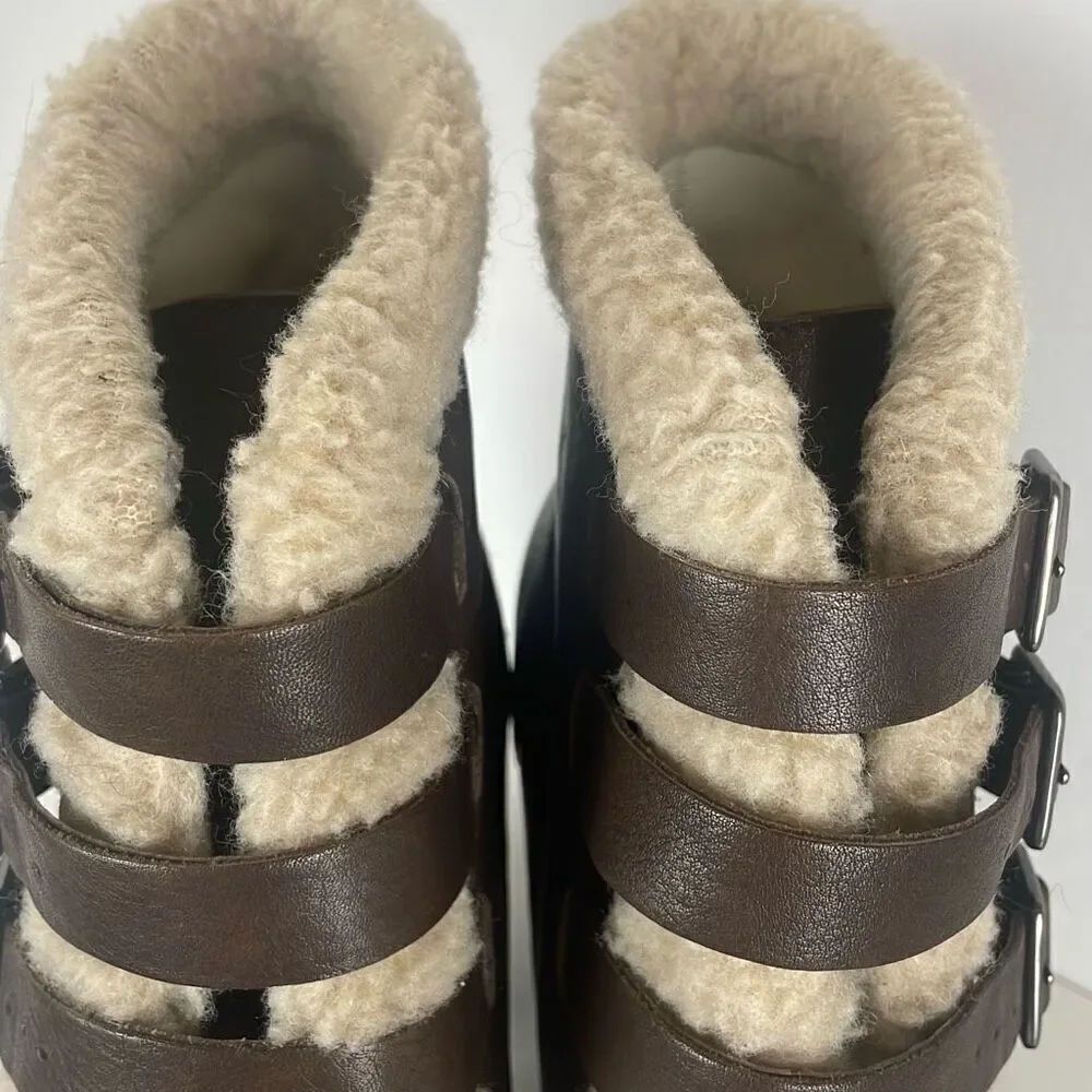 See by Chloe Leather Sherpa Trim Buckle Strap Ankle Boots REPAIR NEEDED 38.5
